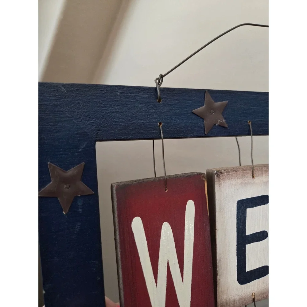 Rustic Americana Wood Welcome Sign Patriotic Red White Blue Star Wall Decor 20in